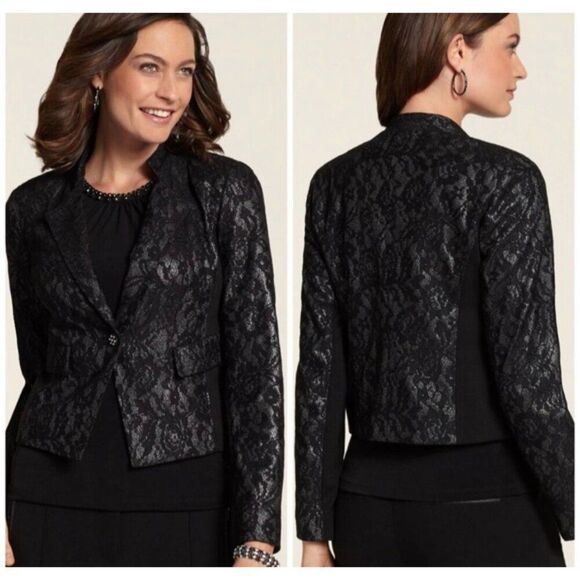 Chico’s Women Black Lace / Ponte Knit One Button Cropped Blazer Size 0 - Picture 3 of 12